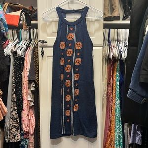 THML brand dress navy blue orange embroidery sz s open cross back